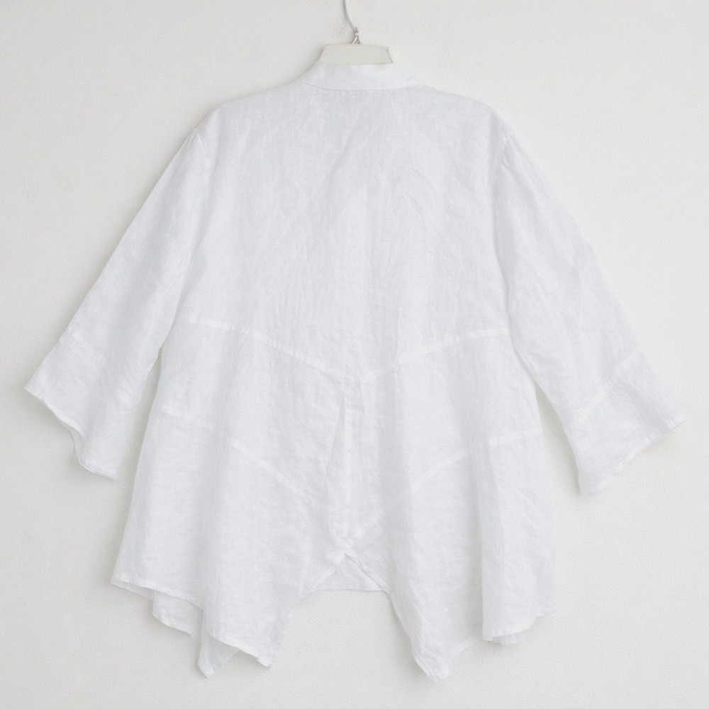 100% Linen Button Down Shirt Womens White Sharkbite Hem 3/4 Sleeve EUC - Picture 5 of 8